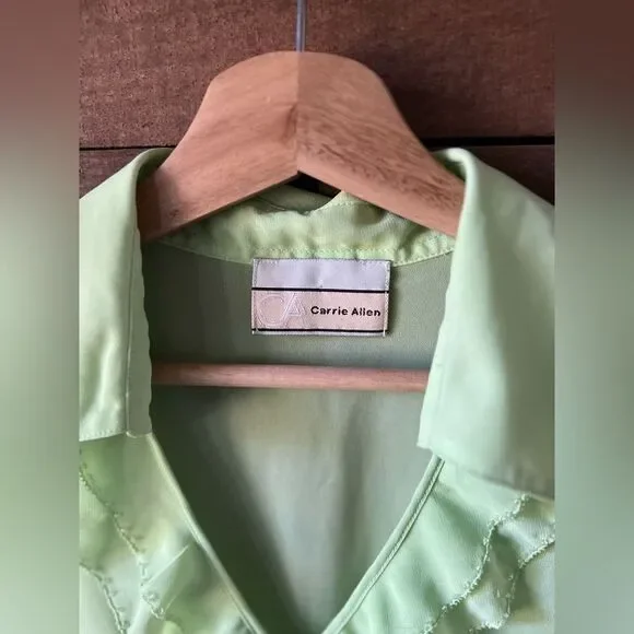 Vintage Lime Green Ruffle Blouse Smocked Waist Sleeveless Carrie Allen S - Picture 6 of 7
